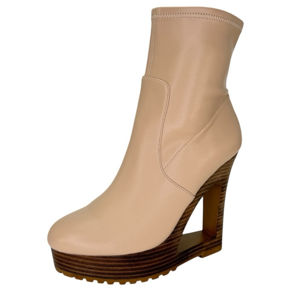 Aminah Ava Tan Faux Leather Heeled Womens Sock Booties Size 8M - Picture 2 of 16